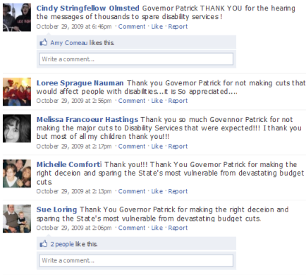 Screenshots of Facebook Fan Page Comments Thanking Governor Patrick for Putting People First