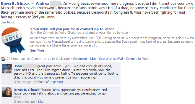 Screenshot of Facebook Exchange Between Kevin and John about importance of voting