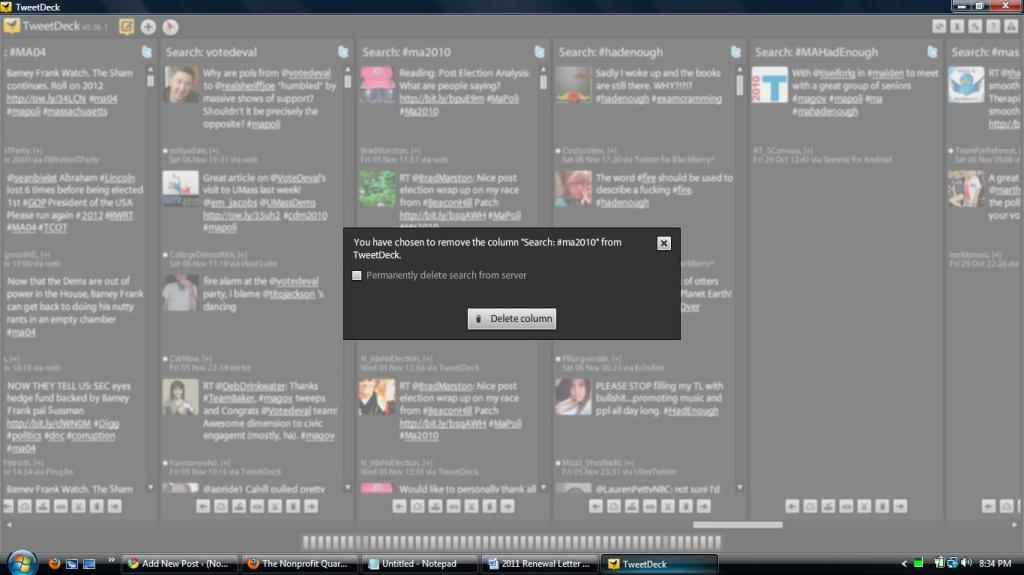 Screenshot of Tweetdeck during The Great #MAPoli Tweetdeck Column Purging of 2010